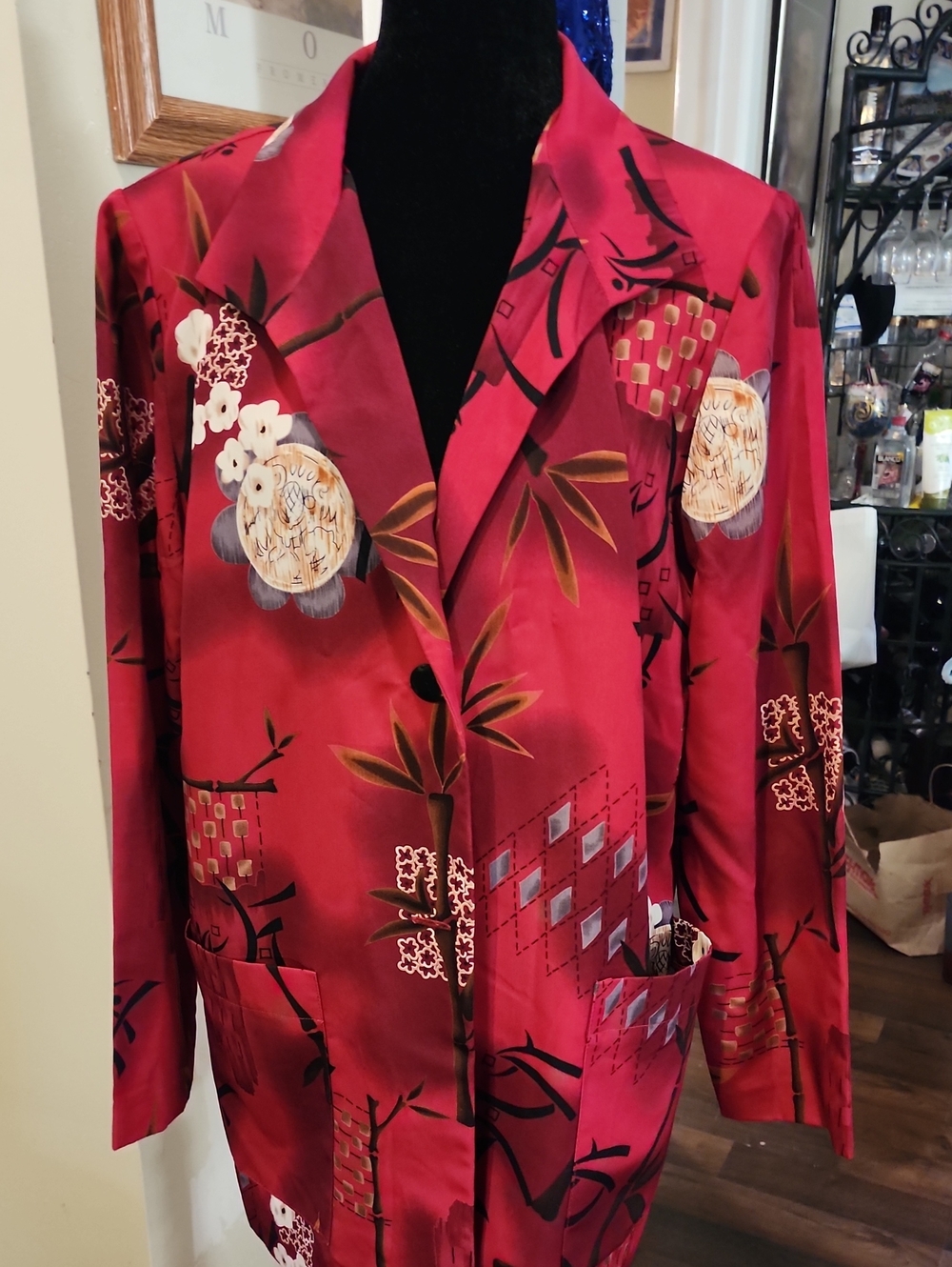 Women's Red Satin Floral Print Blazer